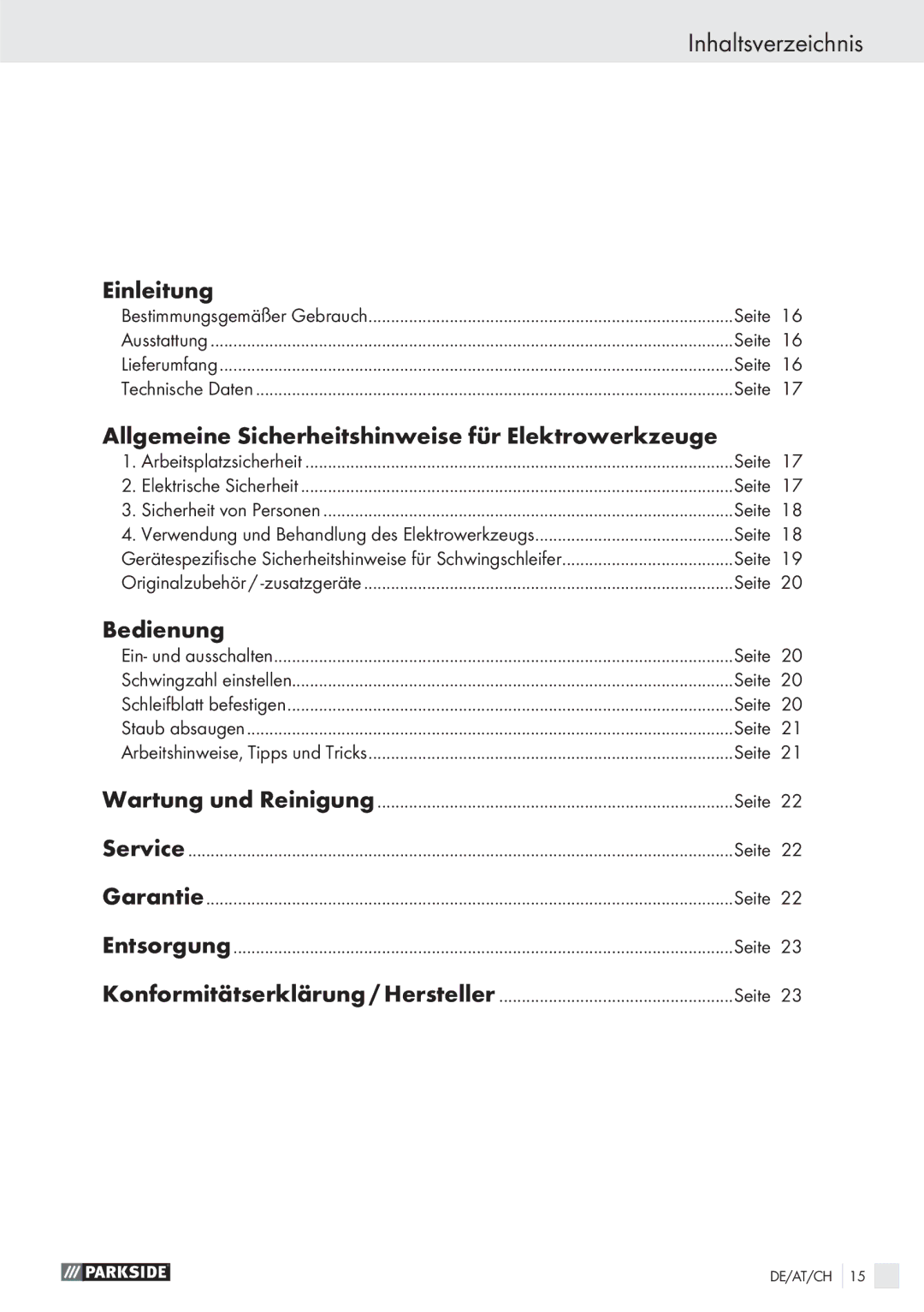 Parkside PSS 250 A1 manual Inhaltsverzeichnis, Einleitung, Allgemeine Sicherheitshinweise für Elektrowerkzeuge, Bedienung 