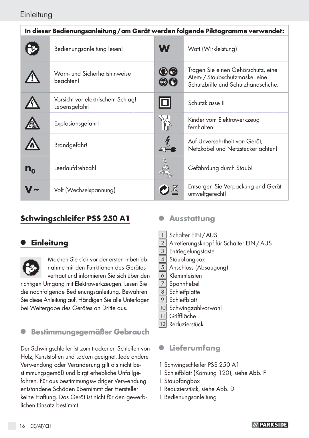 Parkside manual Schwingschleifer PSS 250 A1 Einleitung, Ausstattung, Bestimmungsgemäßer Gebrauch, Lieferumfang 