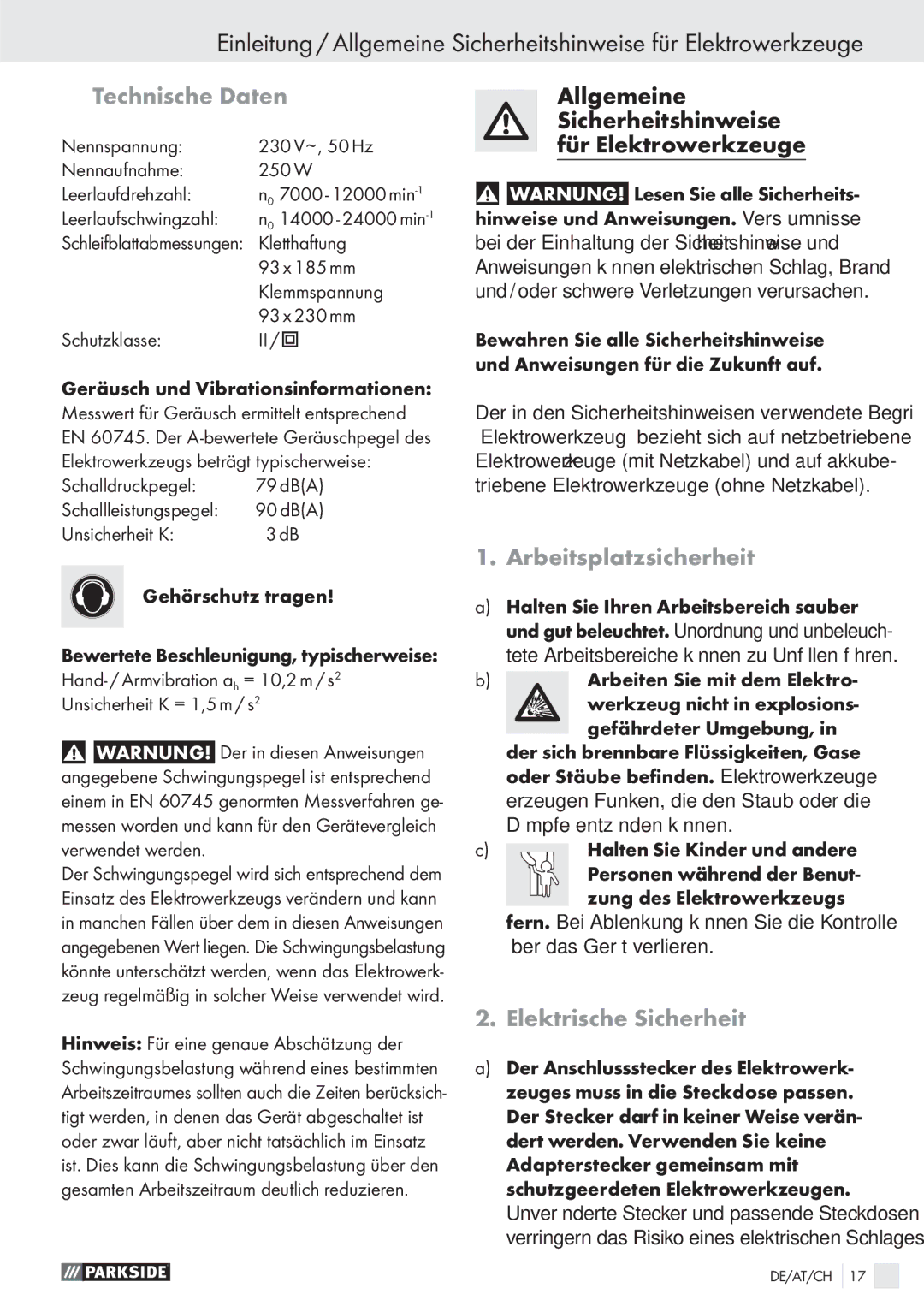 Parkside PSS 250 A1 manual Technische Daten, Arbeitsplatzsicherheit, Elektrische Sicherheit 