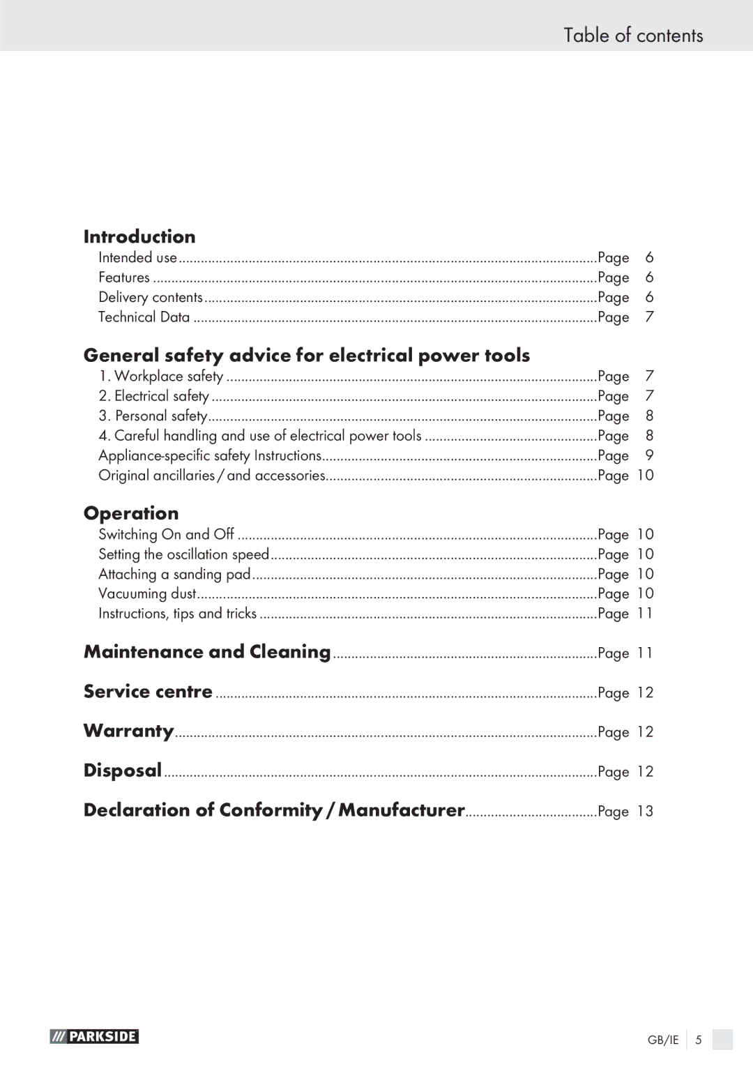 Parkside PSS 250 A1 manual Table of contents 