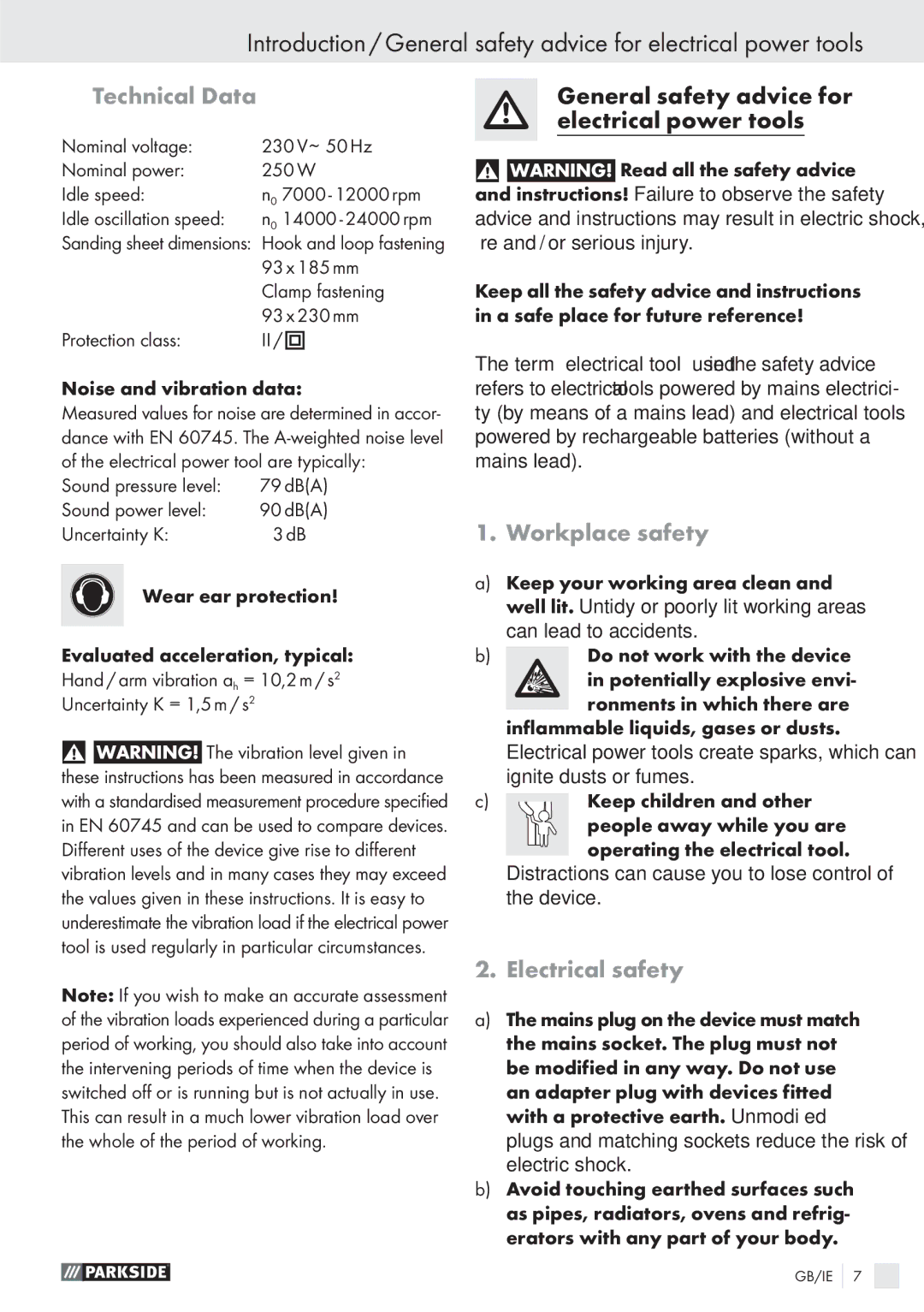 Parkside PSS 250 A1 manual Technical Data, Workplace safety, Electrical safety 