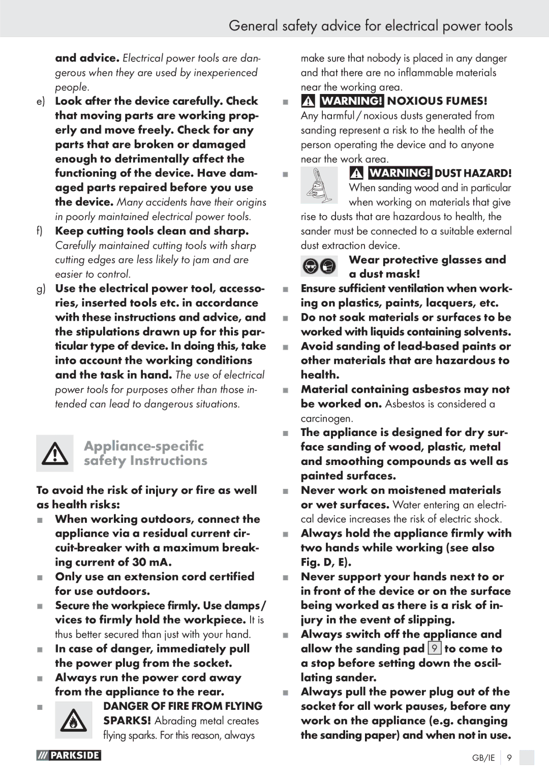 Parkside PSS 250 A1 manual Appliance-speciﬁc safety Instructions 