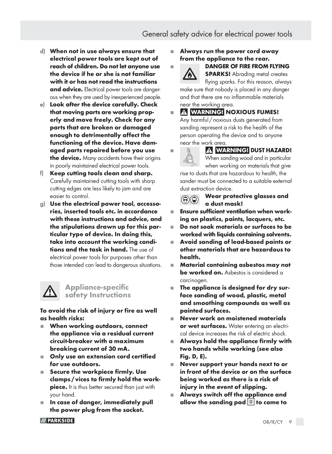 Parkside PSS 250 manual Appliance-specific safety Instructions 