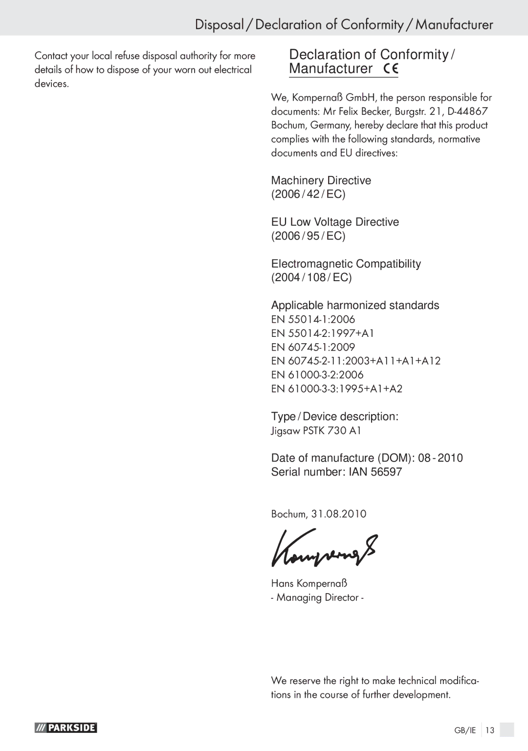 Parkside PSTK 730 A1 manual Disposal / Declaration of Conformity / Manufacturer 