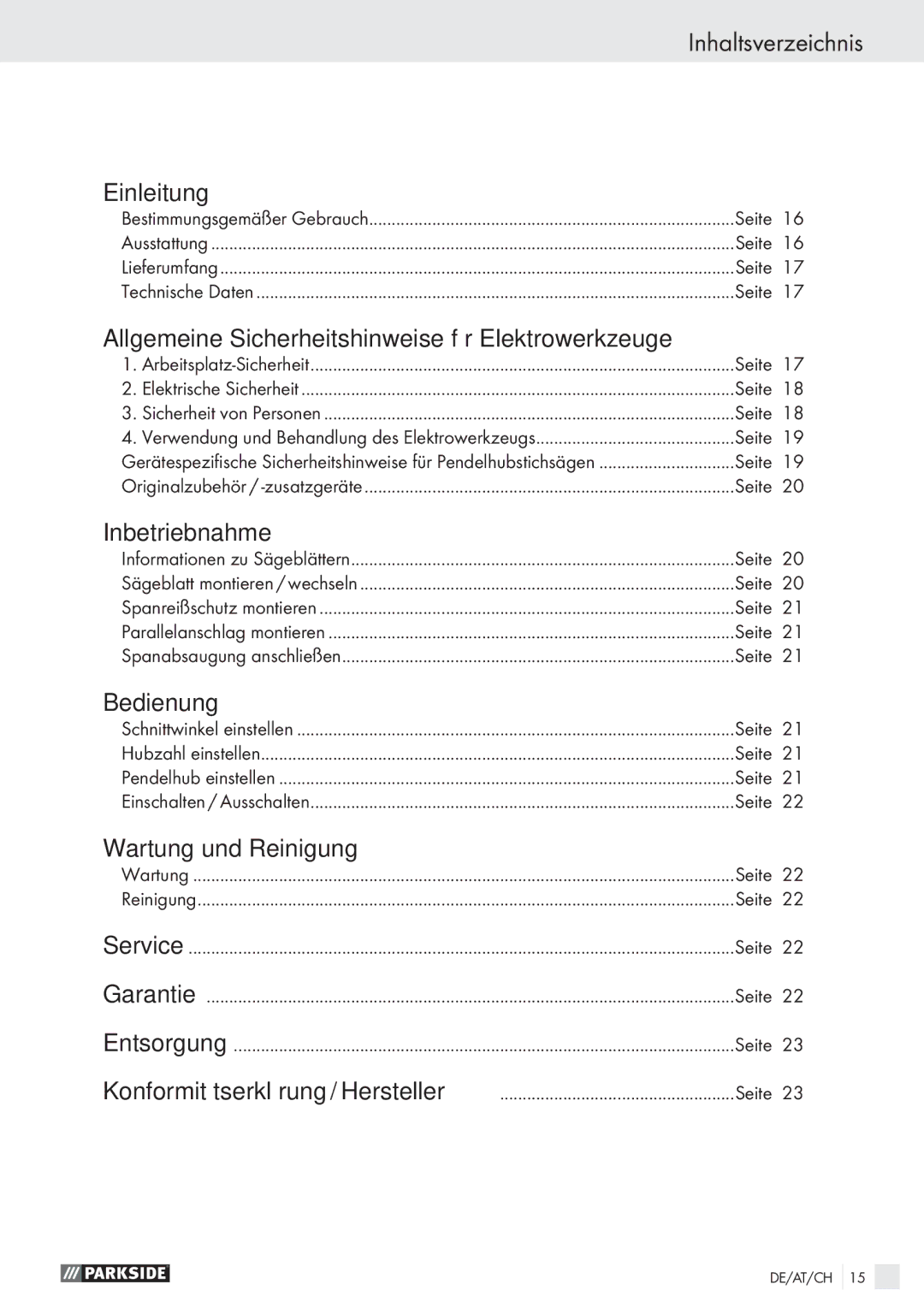 Parkside PSTK 730 A1 manual Inhaltsverzeichnis 