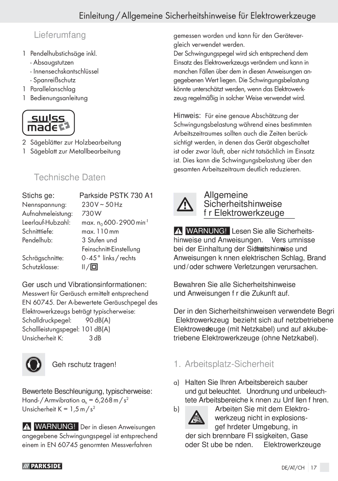 Parkside PSTK 730 A1 manual Lieferumfang, Technische Daten, Arbeitsplatz-Sicherheit 