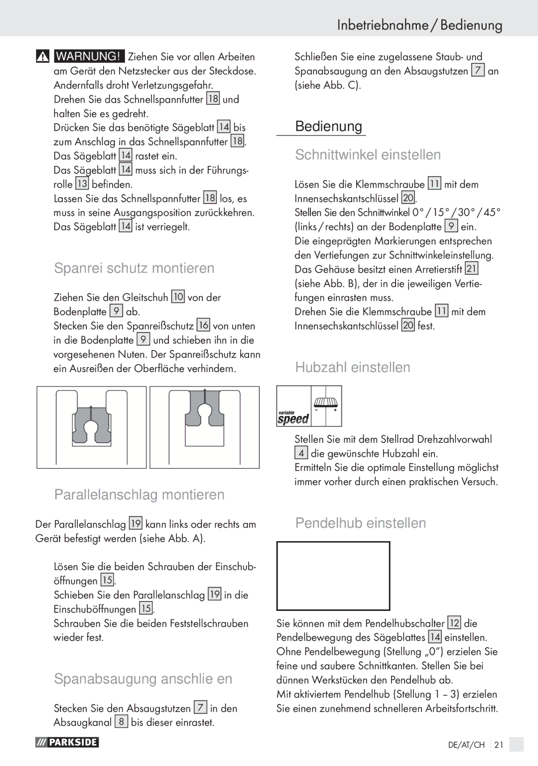 Parkside PSTK 730 A1 manual Inbetriebnahme / Bedienung 