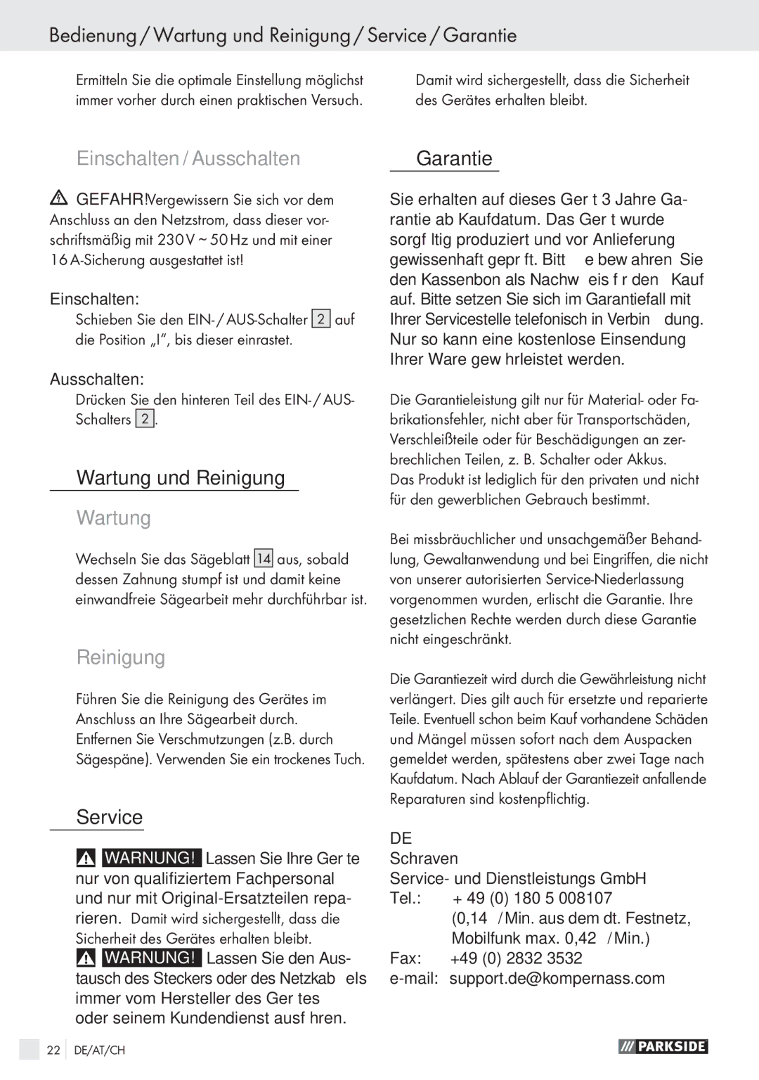 Parkside PSTK 730 A1 manual Bedienung / Wartung und Reinigung / Service / Garantie, Einschalten / Ausschalten 