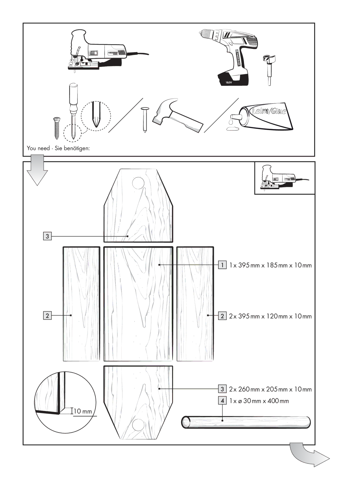 Parkside PSTK 730 A1 manual 10 mm 395 mm x 185 mm x 10 mm 395 mm x 120 mm x 10 mm 