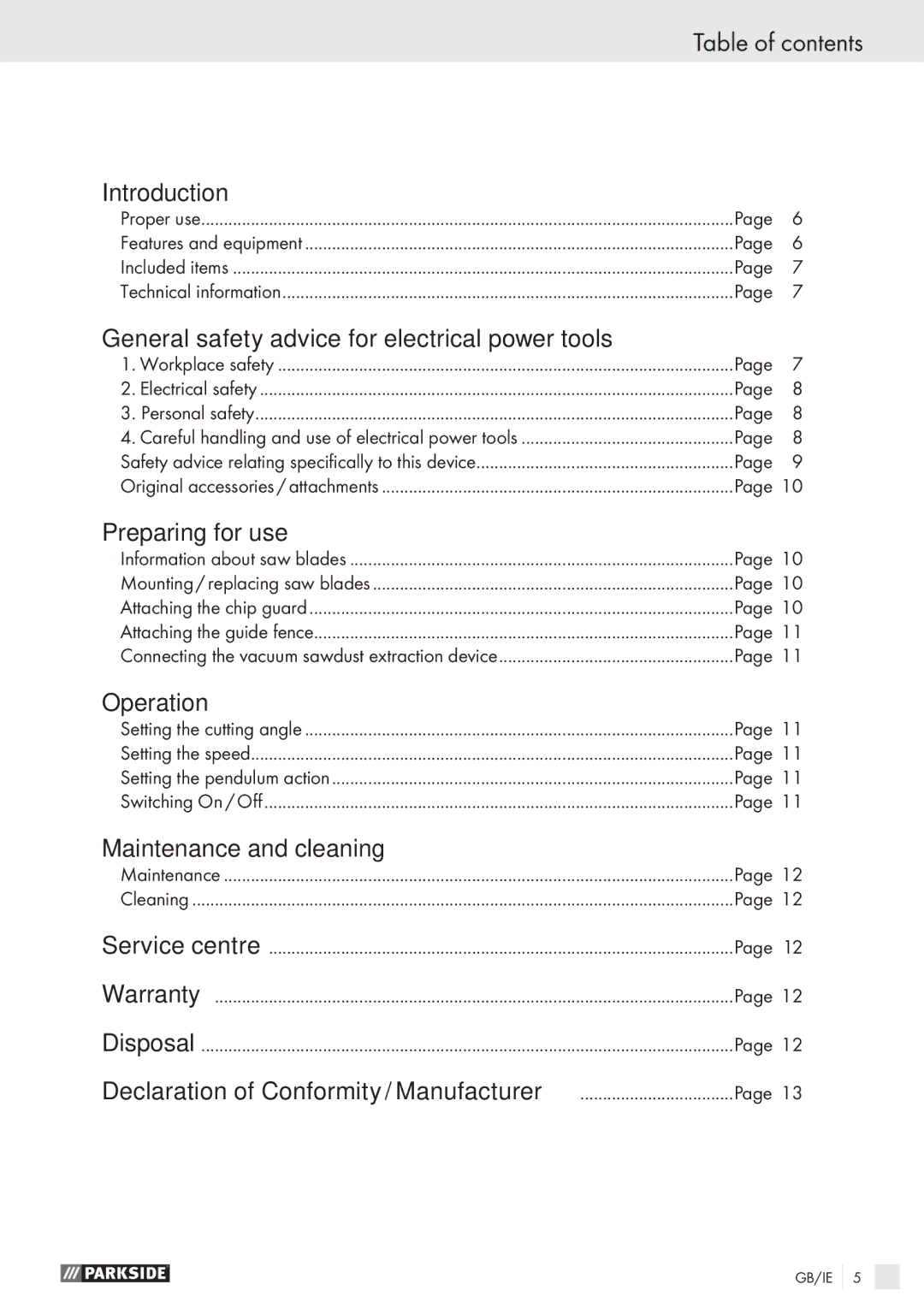 Parkside PSTK 730 A1 manual Table of contents 