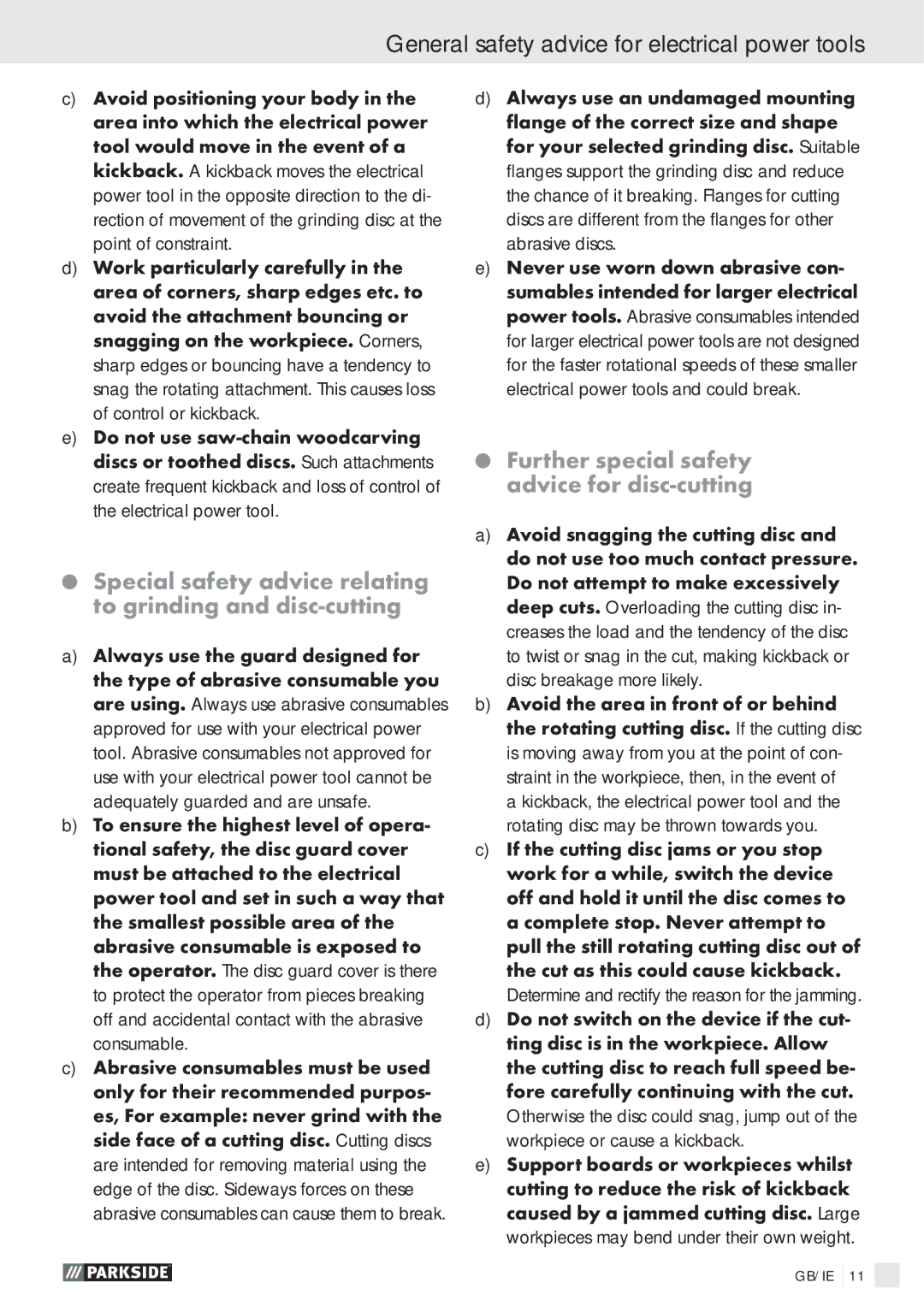 Parkside PWS 125 A1 manual Special safety advice relating to grinding and disc-cutting 