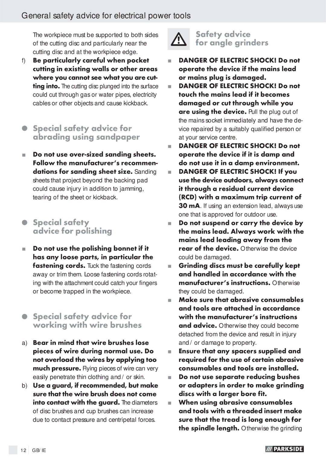 Parkside PWS 125 A1 manual Special safety advice for abrading using sandpaper, Special safety advice for polishing 