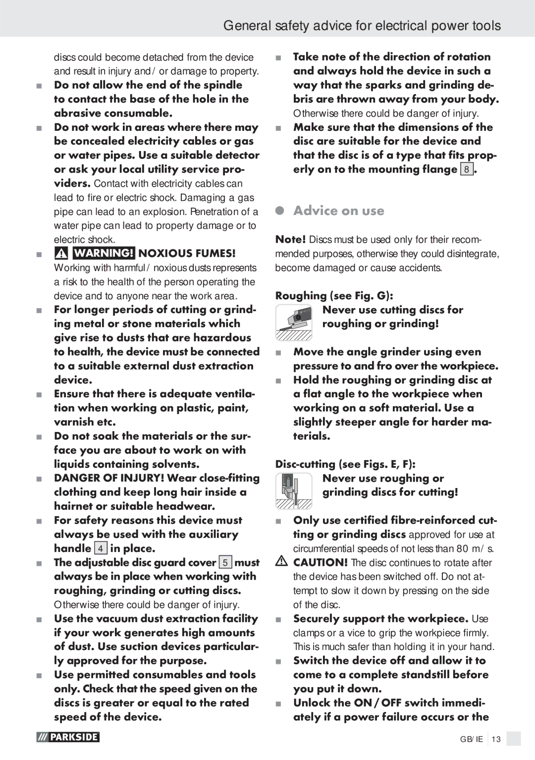 Parkside PWS 125 A1 manual Advice on use 