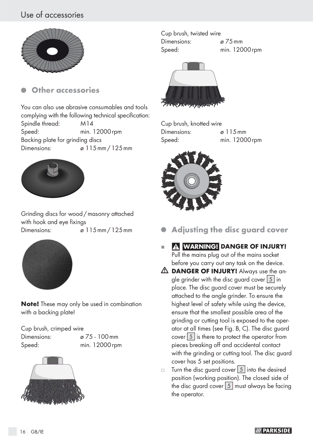 Parkside PWS 125 A1 manual Use of accessories, Other accessories, Adjusting the disc guard cover 