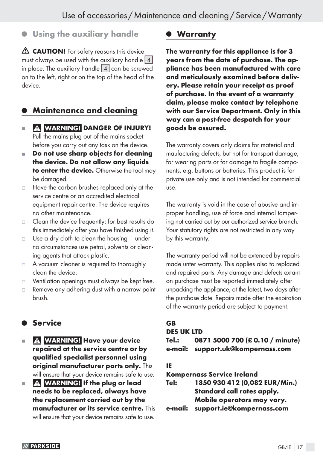 Parkside PWS 125 A1 manual Using the auxiliary handle, Maintenance and cleaning, Service Warranty 