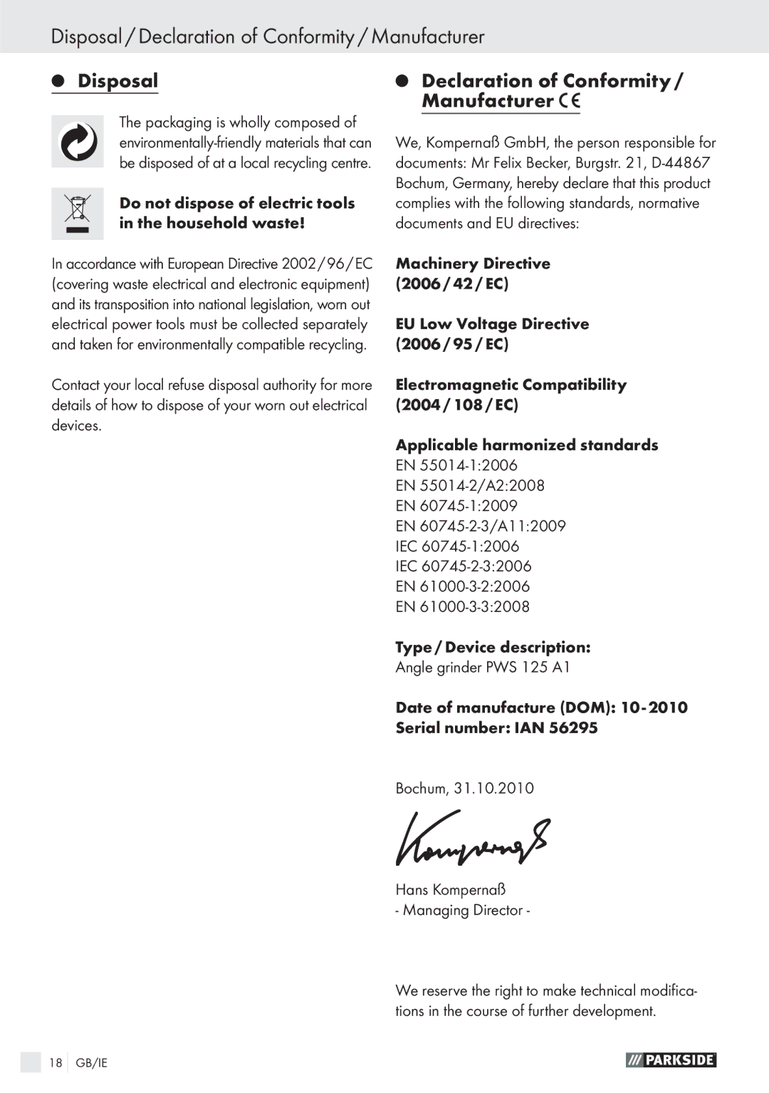 Parkside PWS 125 A1 manual Disposal / Declaration of Conformity / Manufacturer 