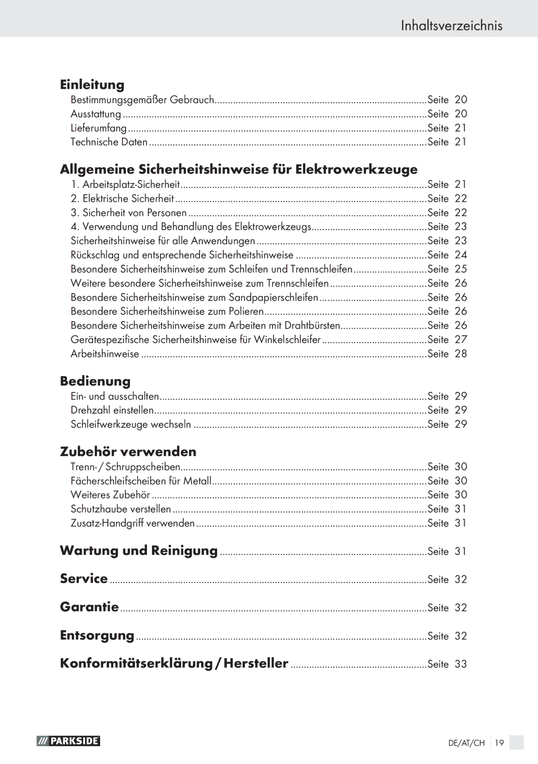 Parkside PWS 125 A1 manual Inhaltsverzeichnis, Einleitung, Allgemeine Sicherheitshinweise für Elektrowerkzeuge, Bedienung 