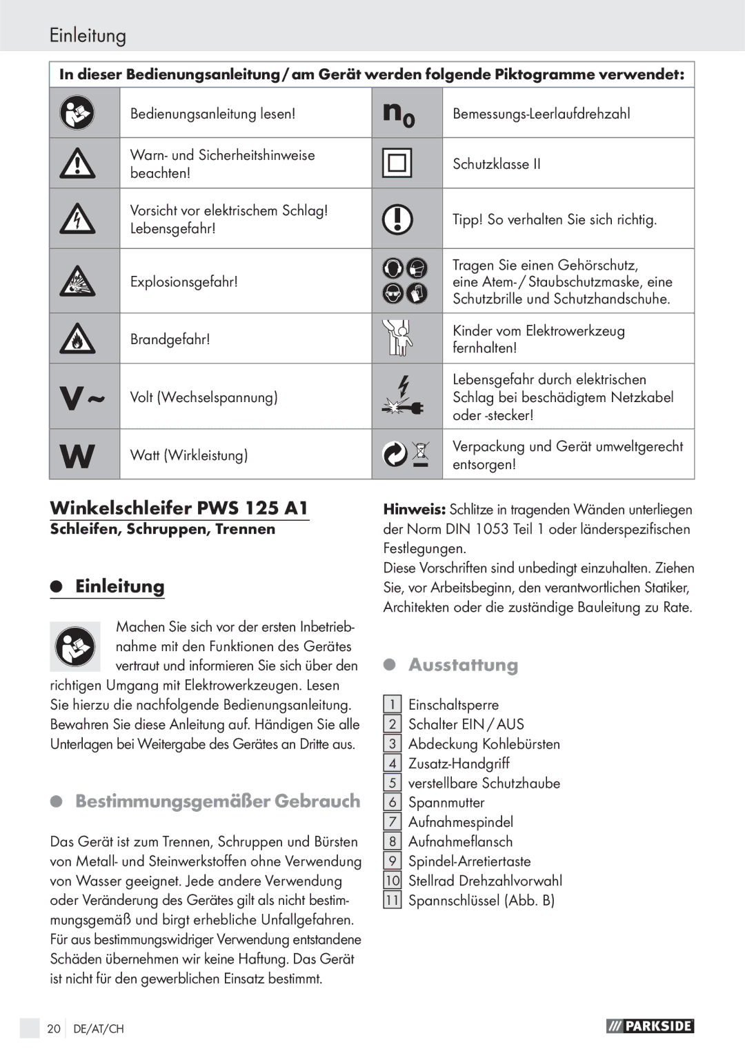 Parkside manual Einleitung, Winkelschleifer PWS 125 A1, Ausstattung, Bestimmungsgemäßer Gebrauch 