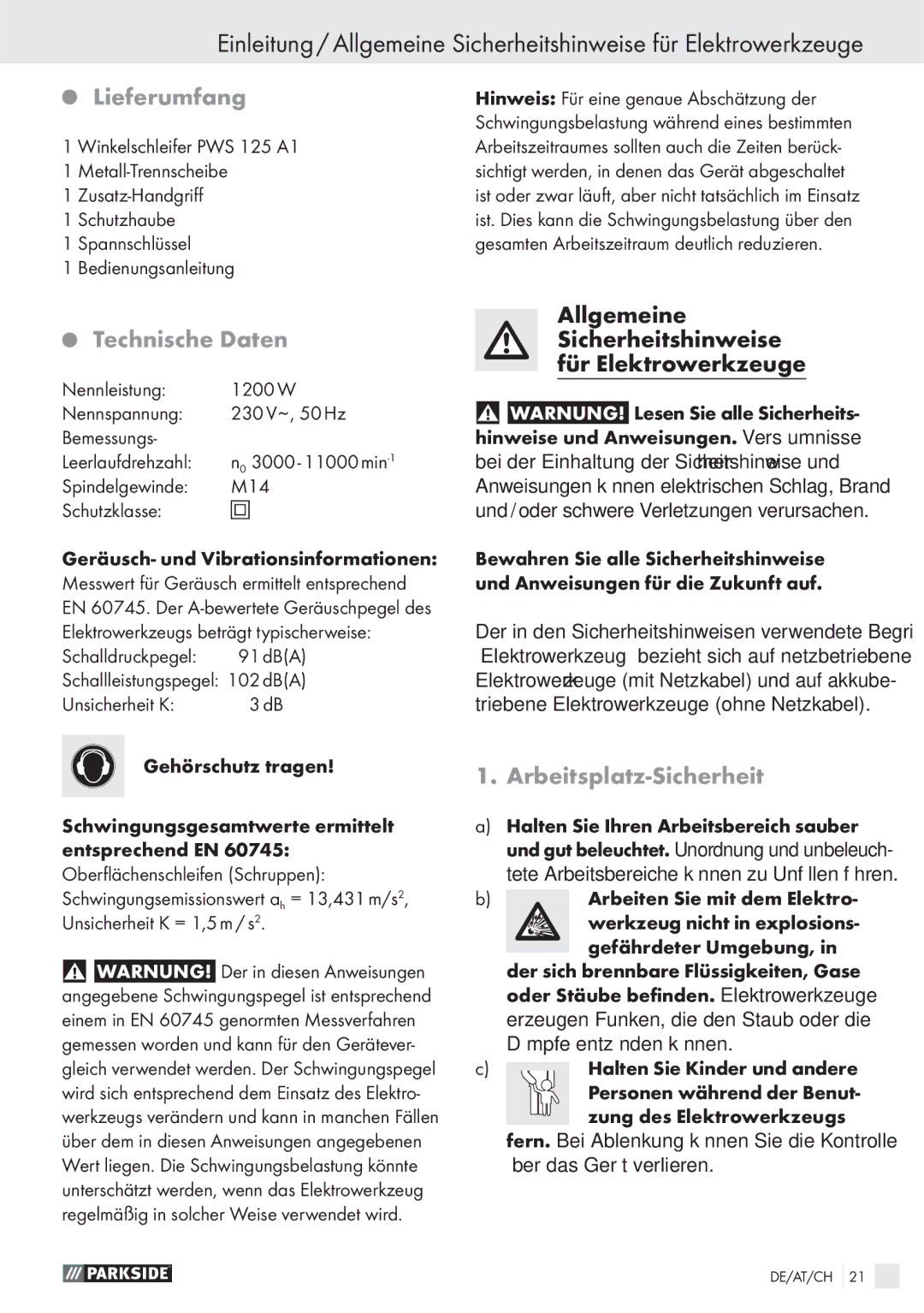 Parkside PWS 125 A1 manual Lieferumfang, Technische Daten, Arbeitsplatz-Sicherheit 