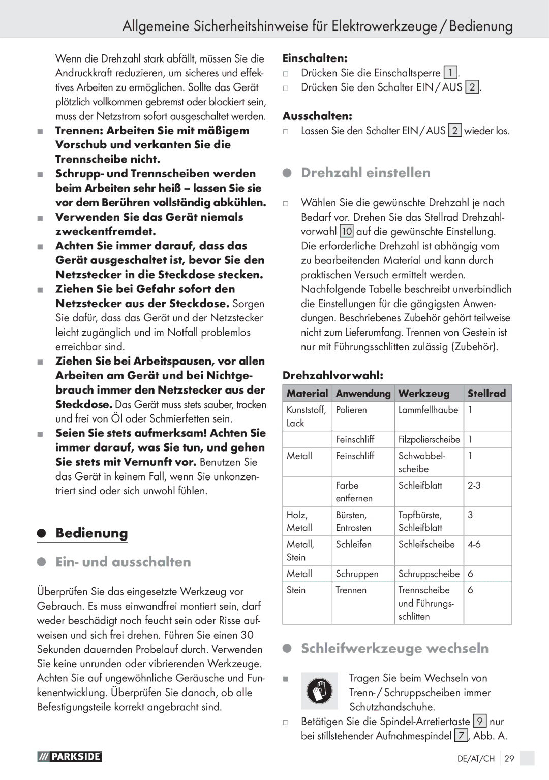 Parkside PWS 125 A1 manual Ein- und ausschalten, Drehzahl einstellen, Schleifwerkzeuge wechseln 