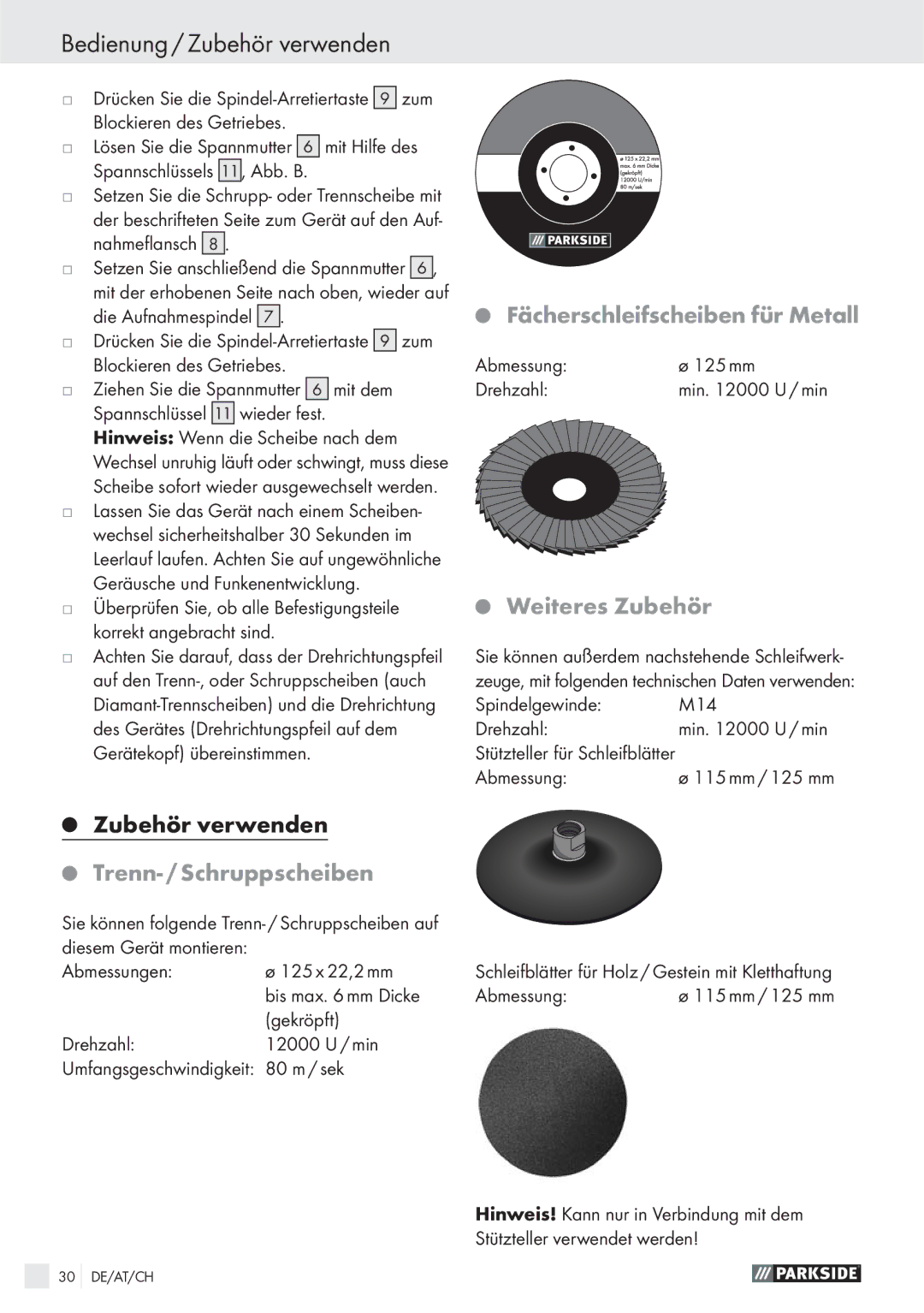 Parkside PWS 125 A1 manual Bedienung / Zubehör verwenden, Fächerschleifscheiben für Metall, Weiteres Zubehör 