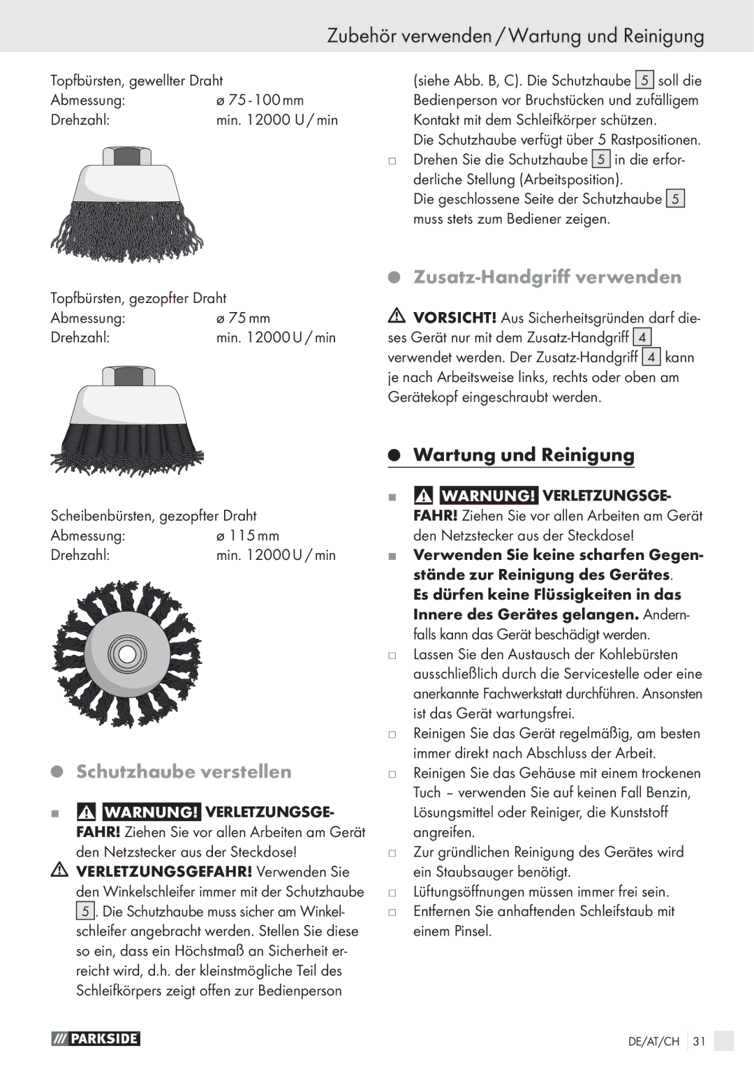 Parkside PWS 125 A1 manual Zubehör verwenden / Wartung und Reinigung, Zusatz-Handgriﬀ verwenden, Schutzhaube verstellen 