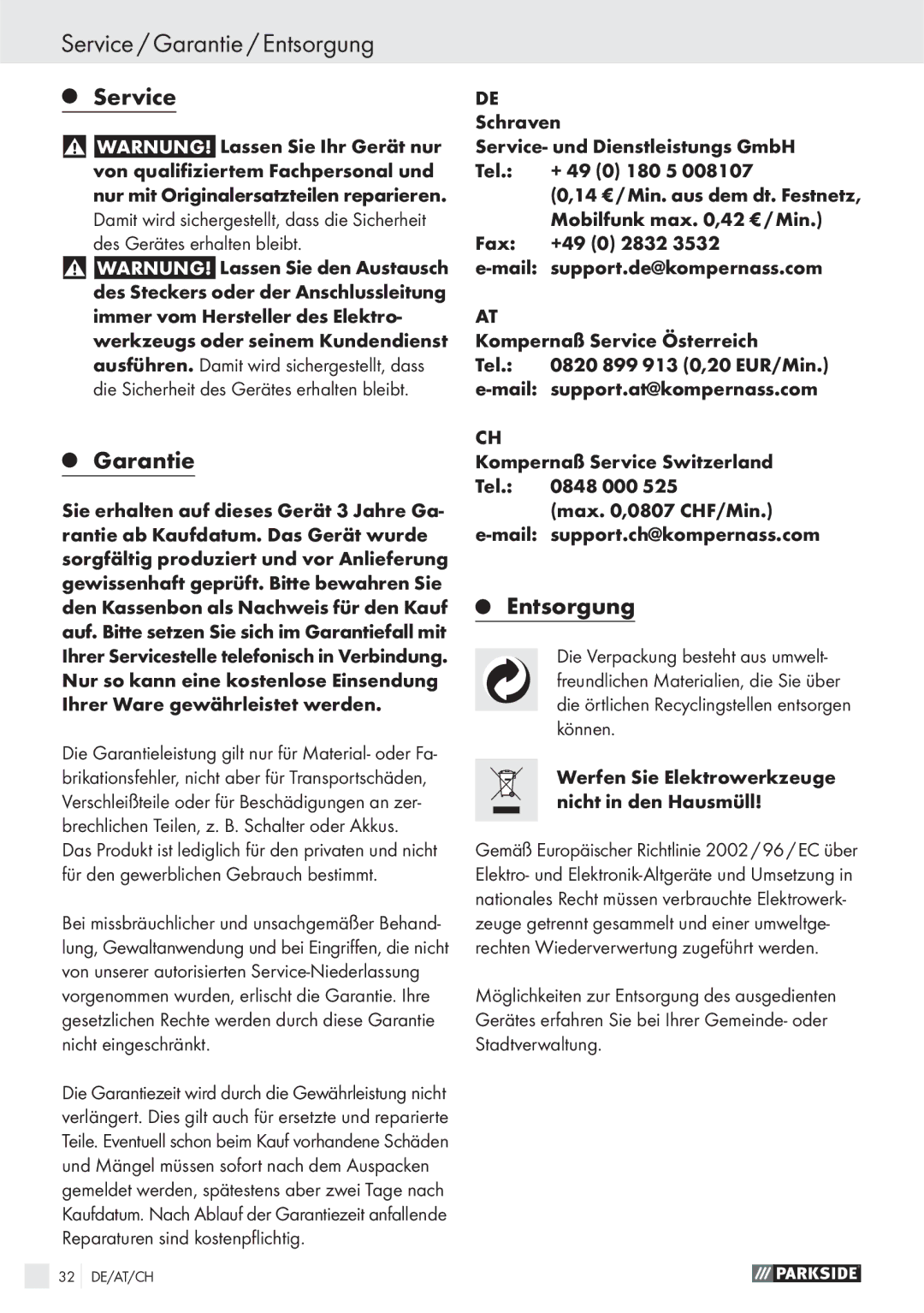 Parkside PWS 125 A1 manual Service / Garantie / Entsorgung 