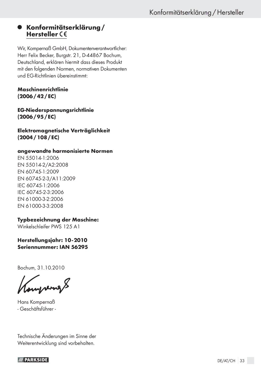 Parkside PWS 125 A1 manual Konformitätserklärung / Hersteller, Konformitätserklärung Hersteller 