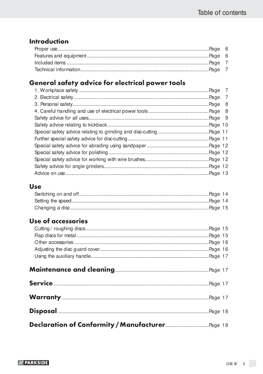 Parkside PWS 125 A1 manual Table of contents 