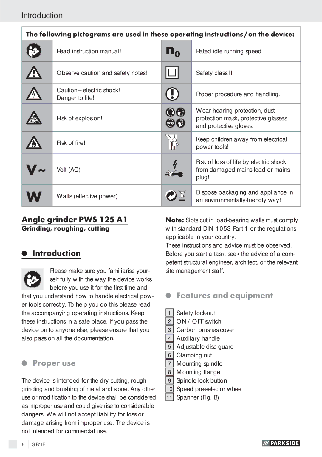 Parkside manual Introduction, Angle grinder PWS 125 A1, Proper use, Features and equipment 