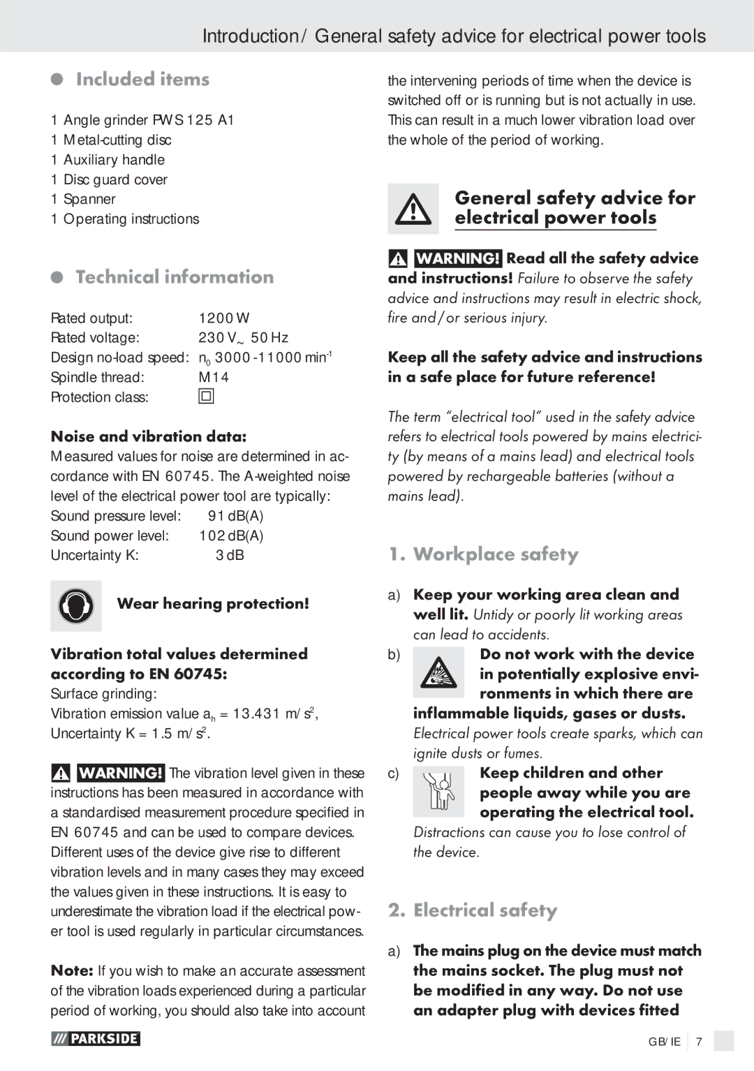 Parkside PWS 125 A1 manual Included items, Technical information, Workplace safety, Electrical safety 