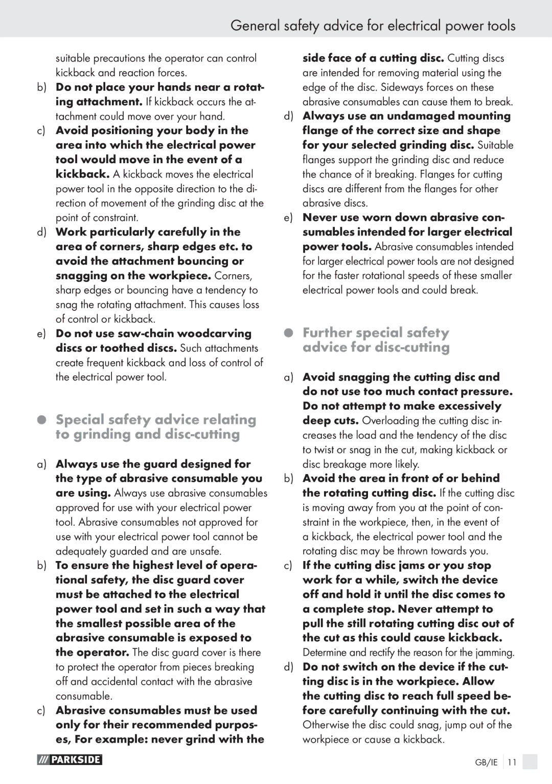 Parkside PWS 230 A1 manual Special safety advice relating to grinding and disc-cutting 