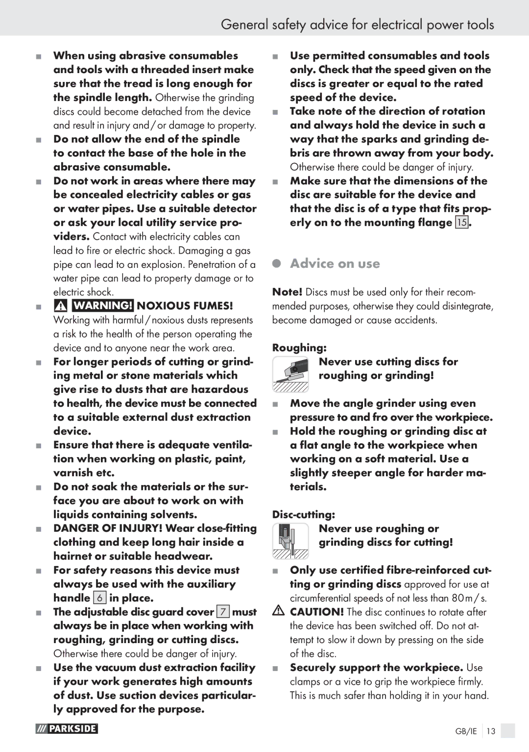 Parkside PWS 230 A1 manual Advice on use 