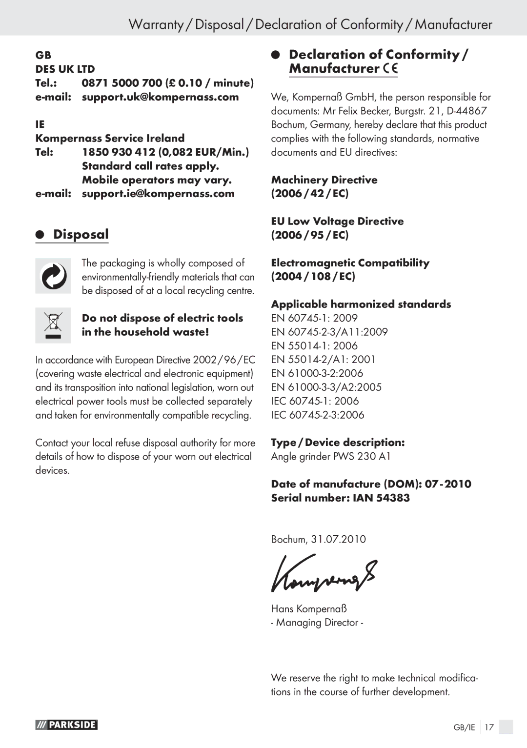 Parkside PWS 230 A1 manual Disposal, Do not dispose of electric tools in the household waste 