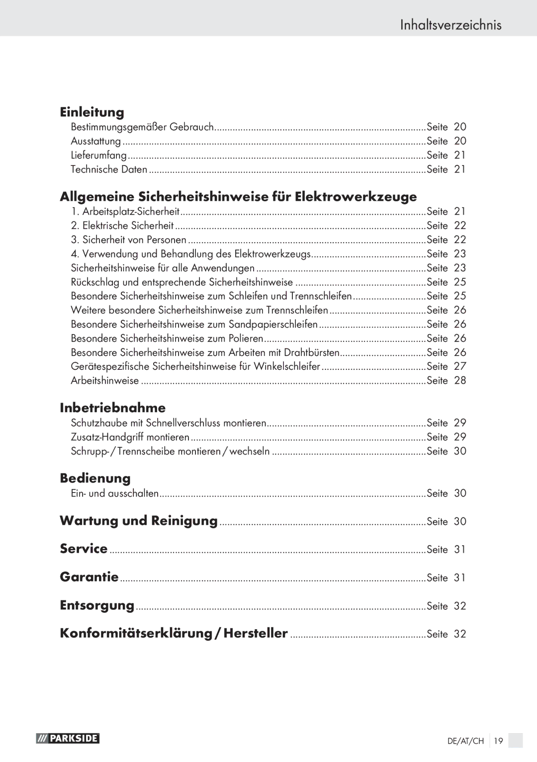 Parkside PWS 230 A1 Inhaltsverzeichnis, Einleitung, Allgemeine Sicherheitshinweise für Elektrowerkzeuge, Inbetriebnahme 