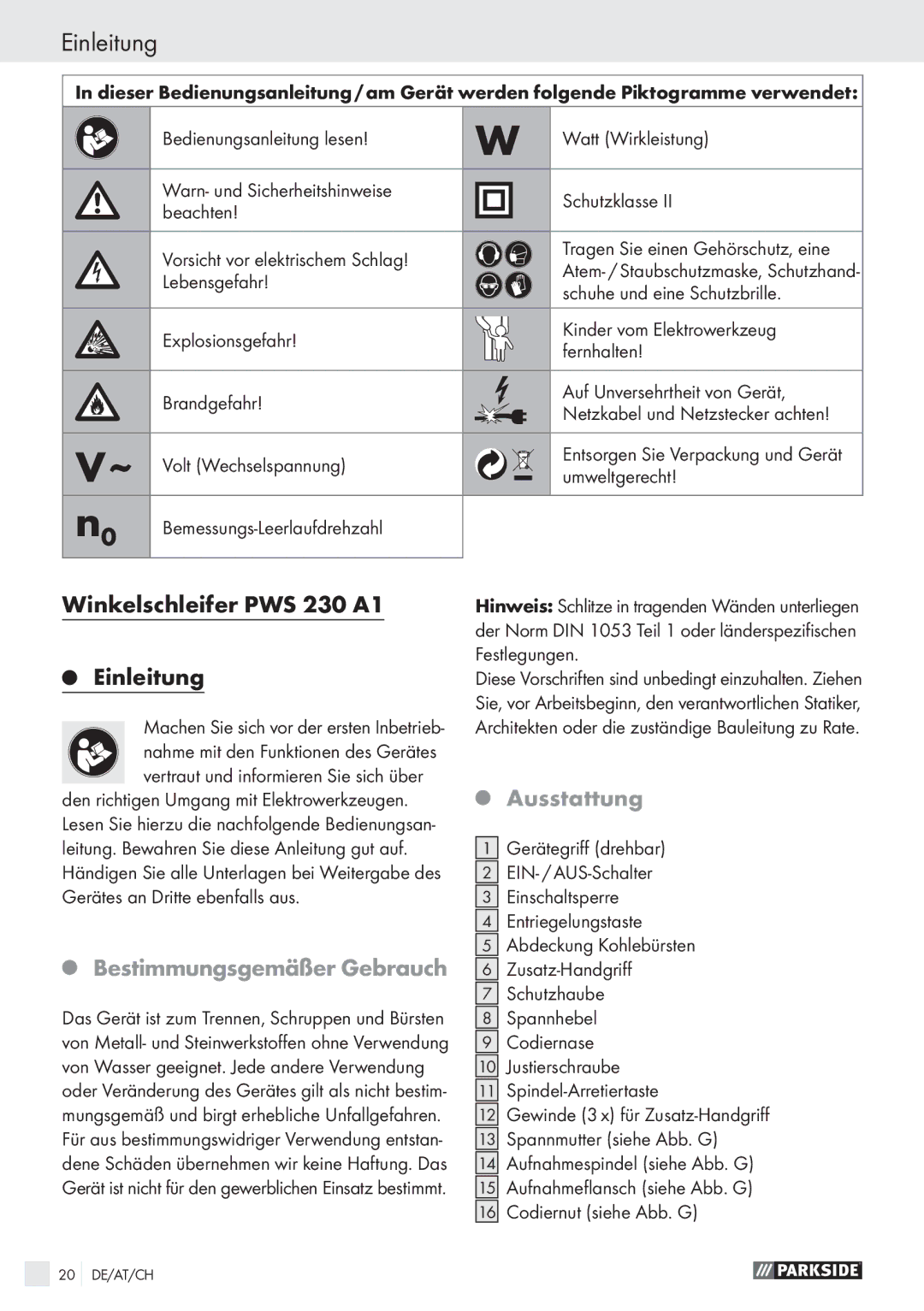 Parkside manual Winkelschleifer PWS 230 A1 Einleitung, Bestimmungsgemäßer Gebrauch, Ausstattung 