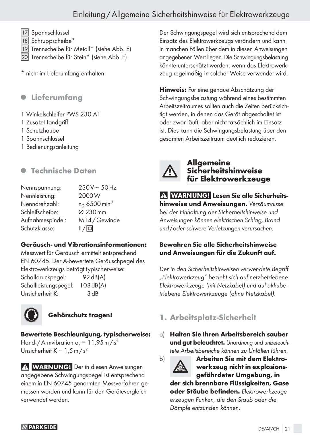 Parkside PWS 230 A1 manual Lieferumfang, Technische Daten, Arbeitsplatz-Sicherheit 