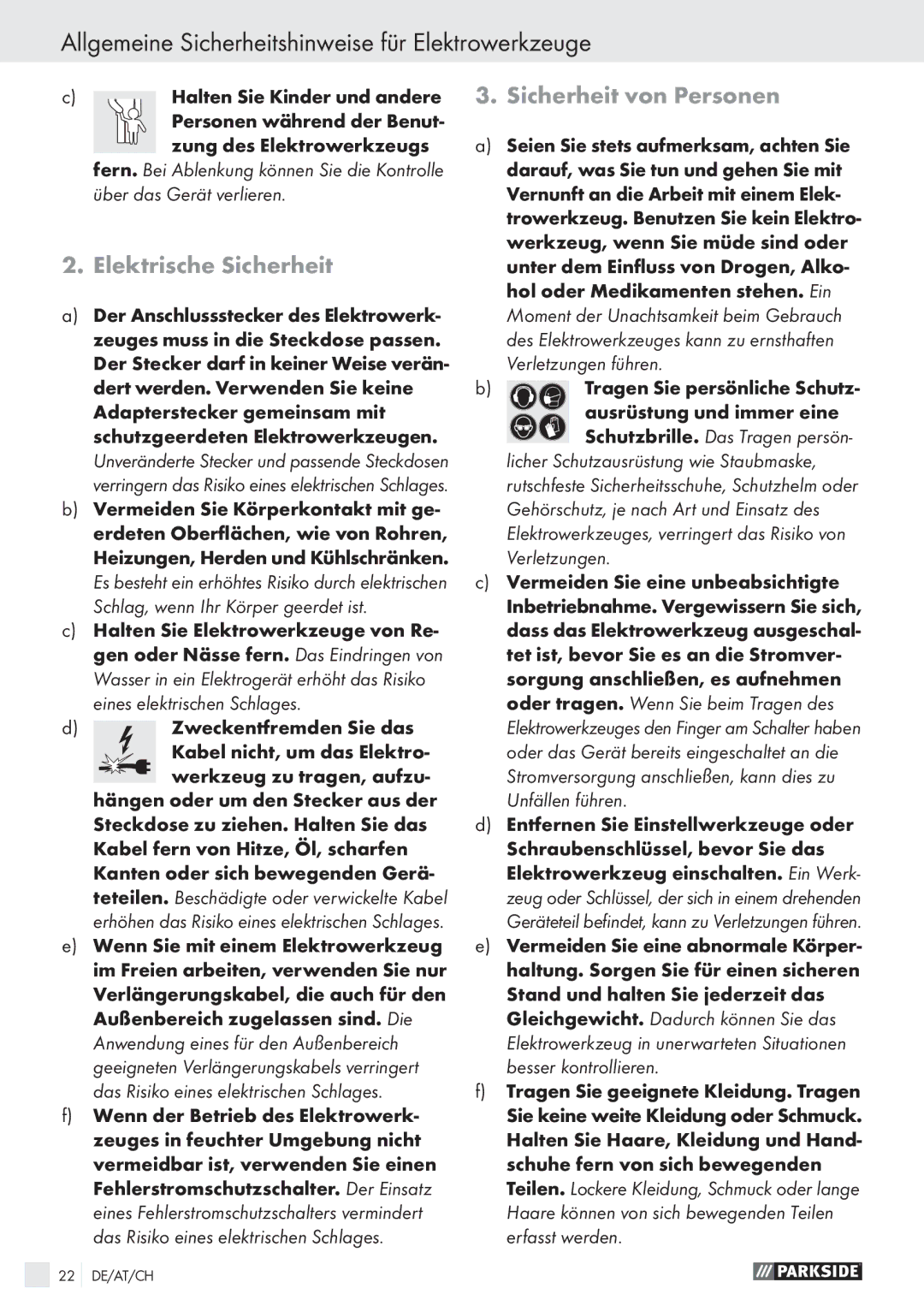 Parkside PWS 230 A1 Allgemeine Sicherheitshinweise für Elektrowerkzeuge, Elektrische Sicherheit, Sicherheit von Personen 