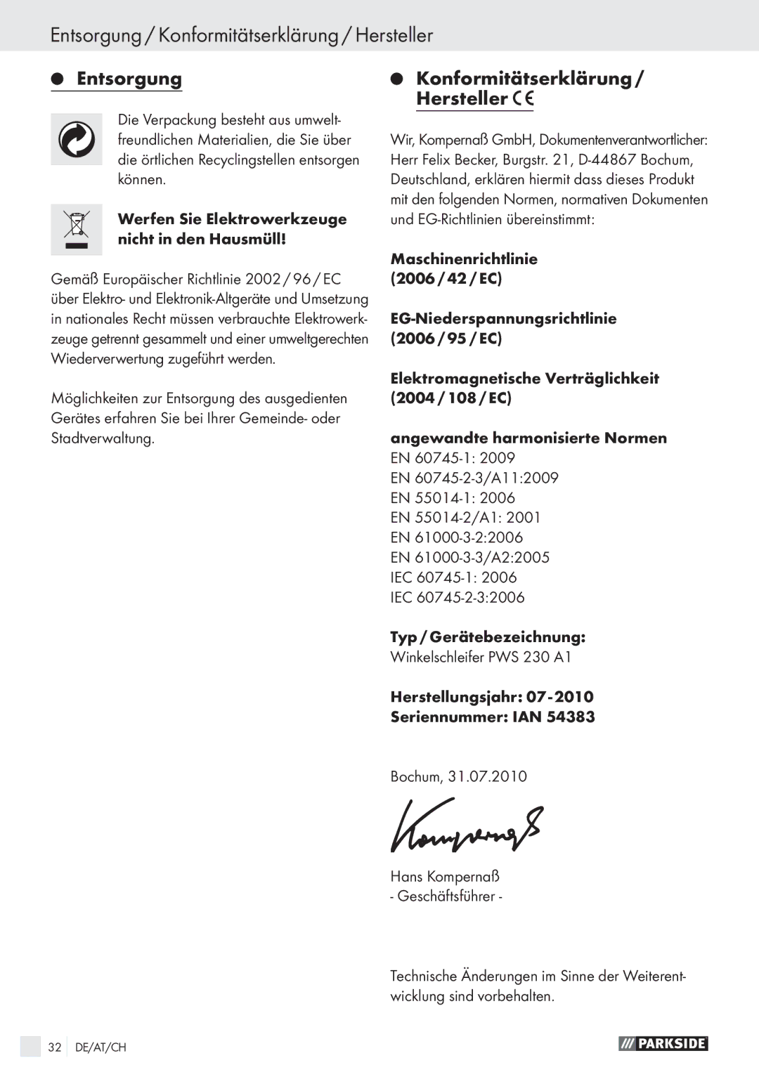 Parkside PWS 230 A1 manual Entsorgung / Konformitätserklärung / Hersteller, Konformitätserklärung Hersteller 