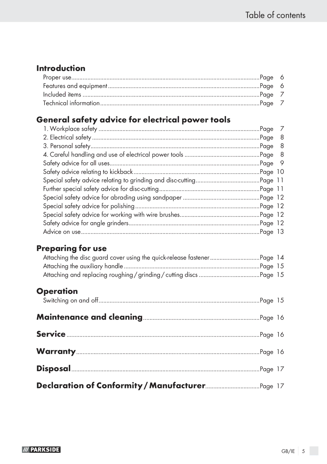 Parkside PWS 230 A1 manual Table of contents 