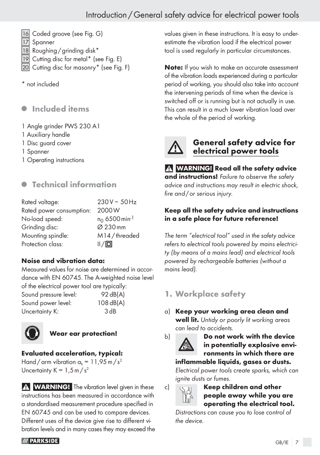 Parkside PWS 230 A1 manual Included items, Technical information, Workplace safety 