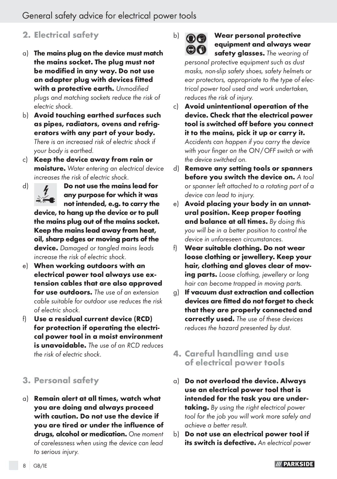 Parkside PWS 230 A1 manual General safety advice for electrical power tools, Electrical safety, Personal safety 