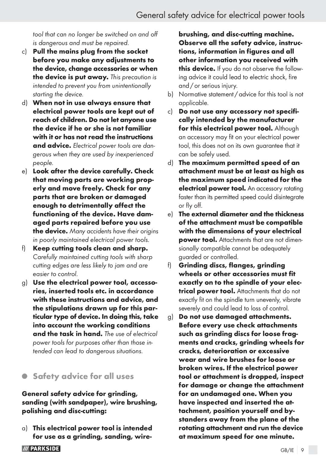 Parkside PWS 230 A1 manual Safety advice for all uses 