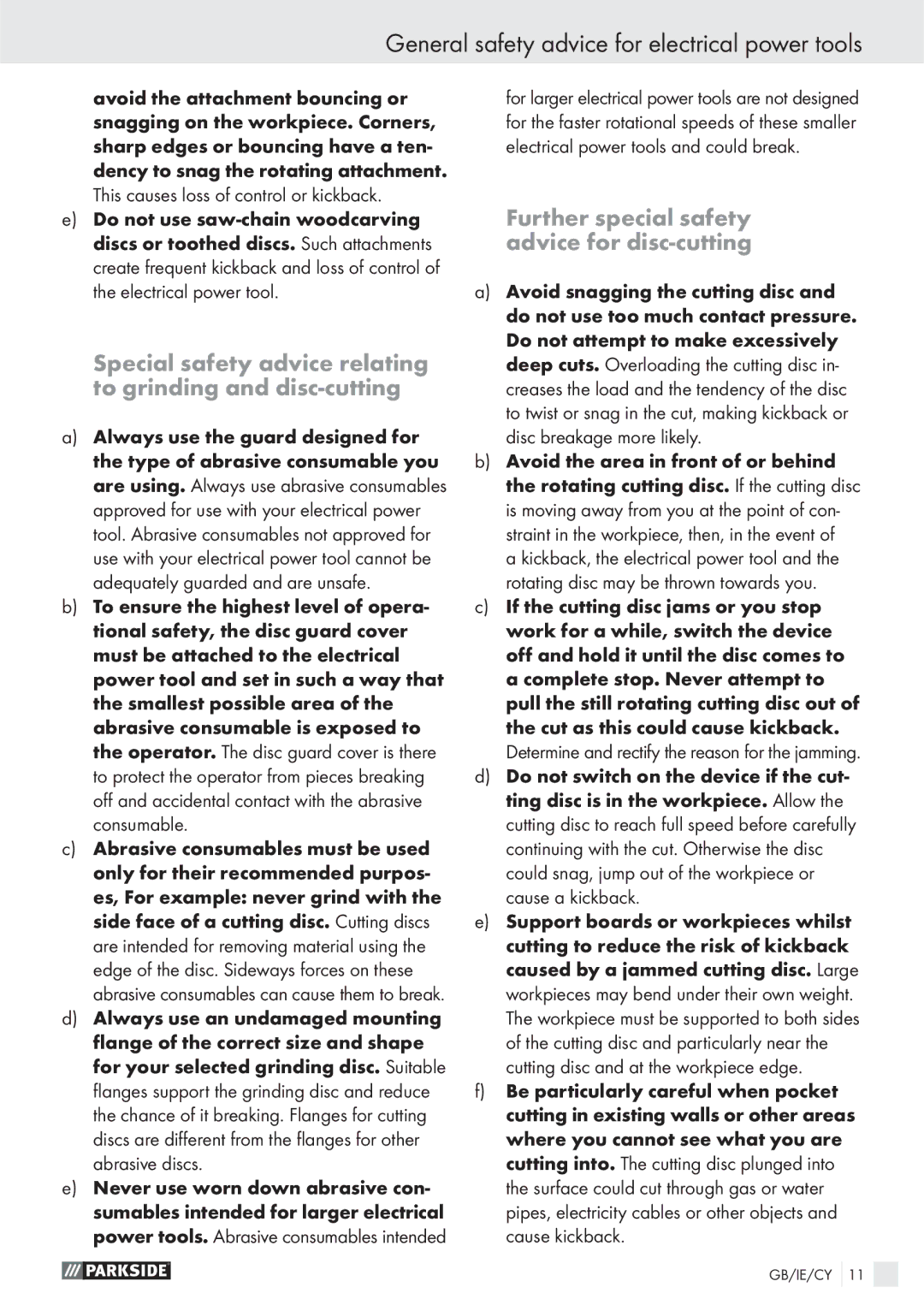 Parkside PWS 230 SE manual Special safety advice relating to grinding and disc-cutting 