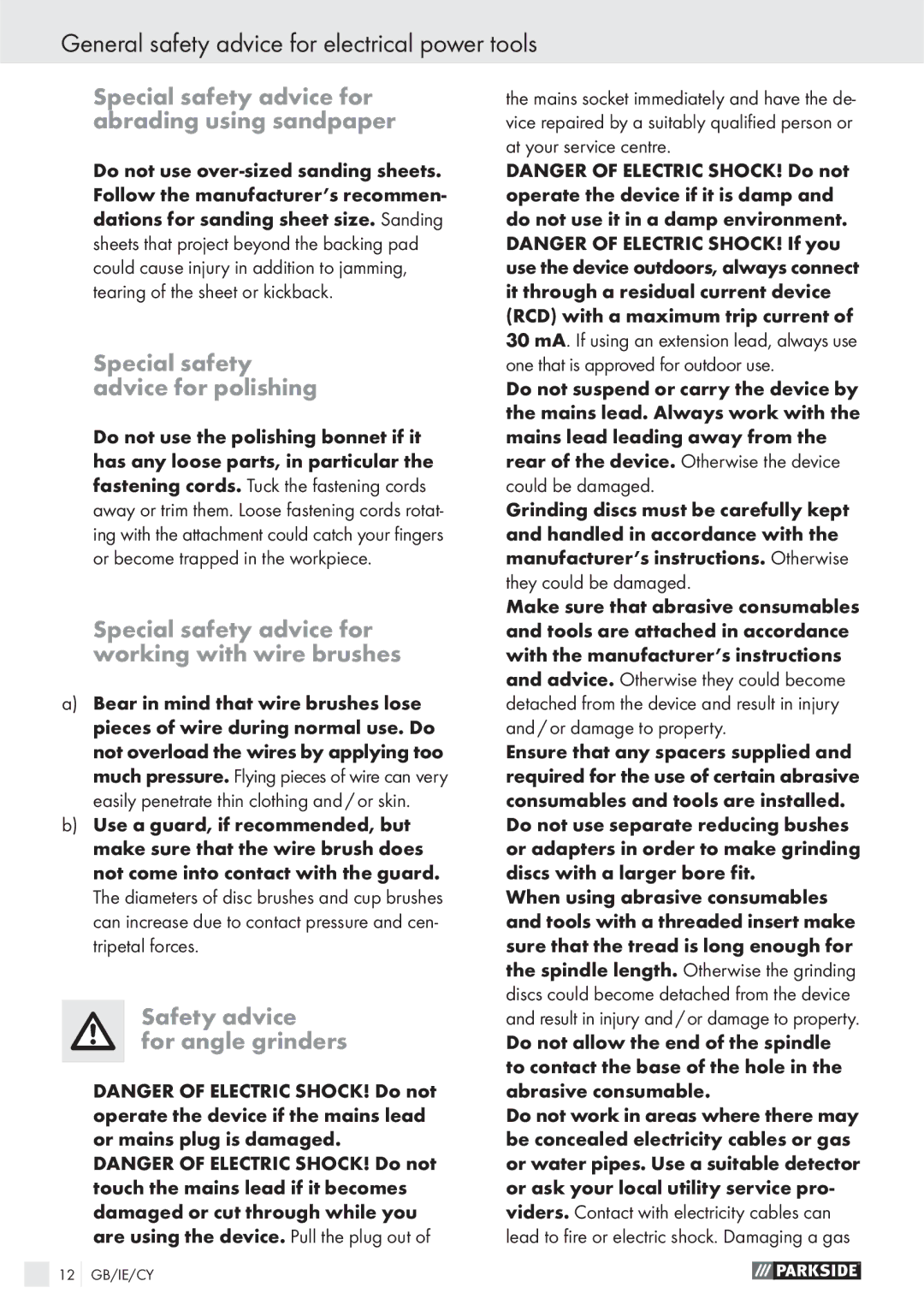 Parkside PWS 230 SE manual Special safety advice for abrading using sandpaper, Special safety advice for polishing 