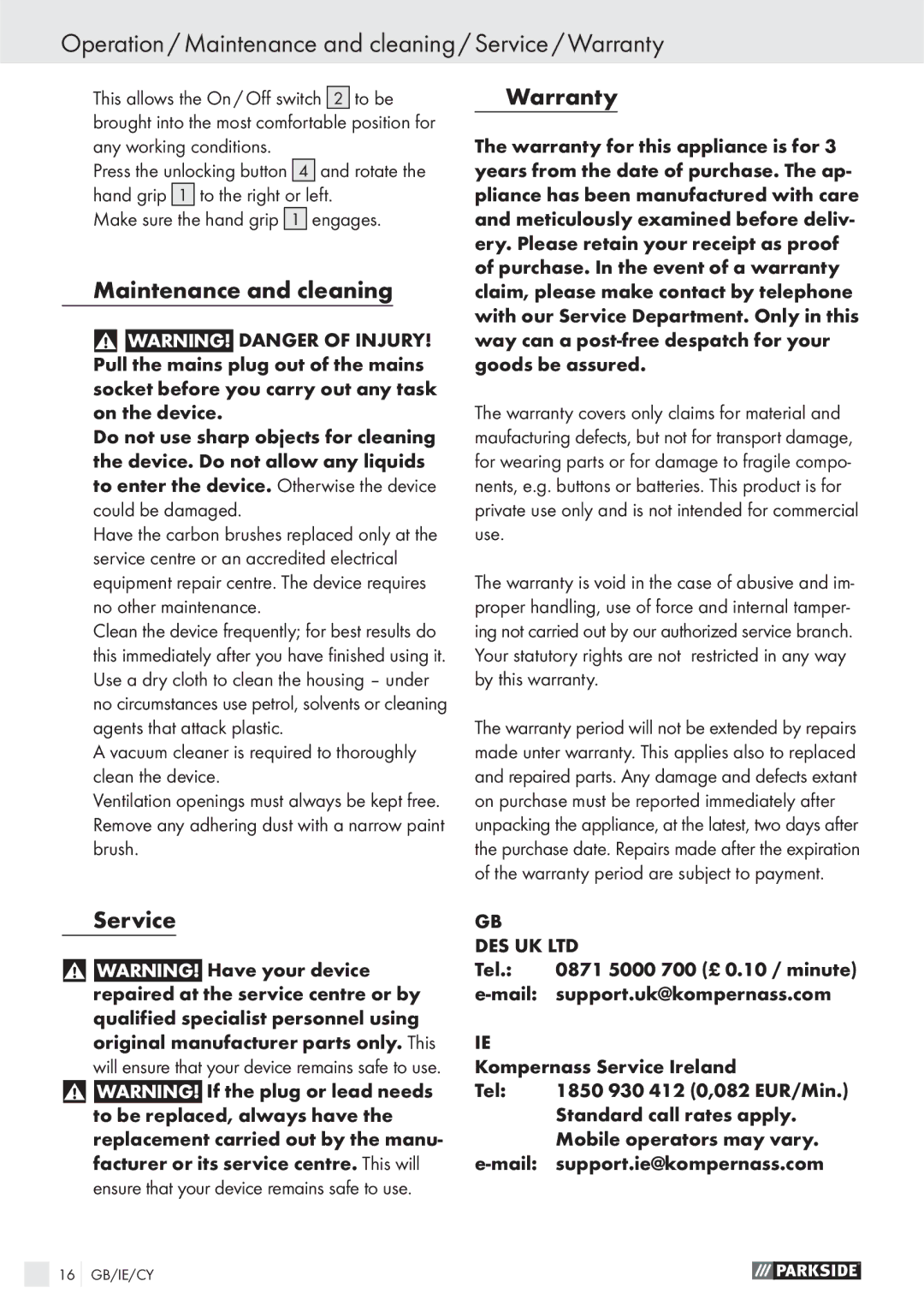 Parkside PWS 230 SE manual Operation / Maintenance and cleaning / Service / Warranty, Service Warranty 