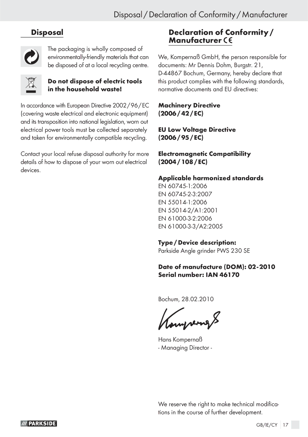 Parkside PWS 230 SE Disposal / Declaration of Conformity / Manufacturer, Disposal Declaration of Conformity Manufacturer 