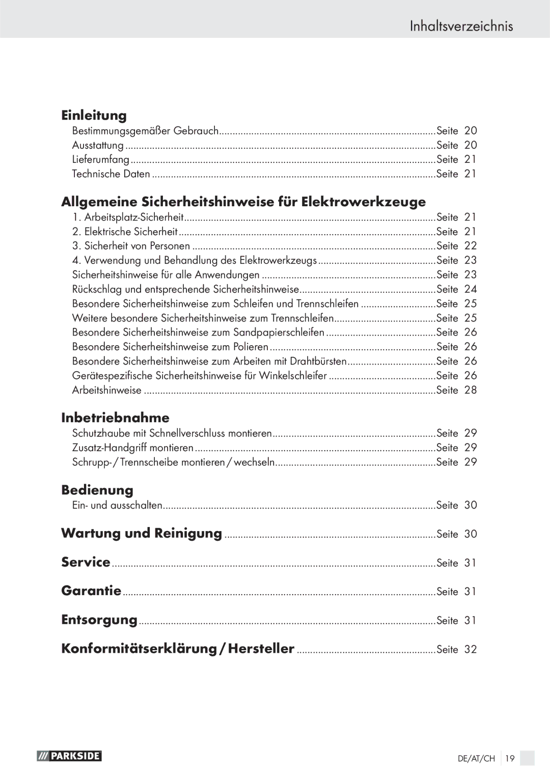 Parkside PWS 230 SE Inhaltsverzeichnis, Einleitung, Allgemeine Sicherheitshinweise für Elektrowerkzeuge, Inbetriebnahme 