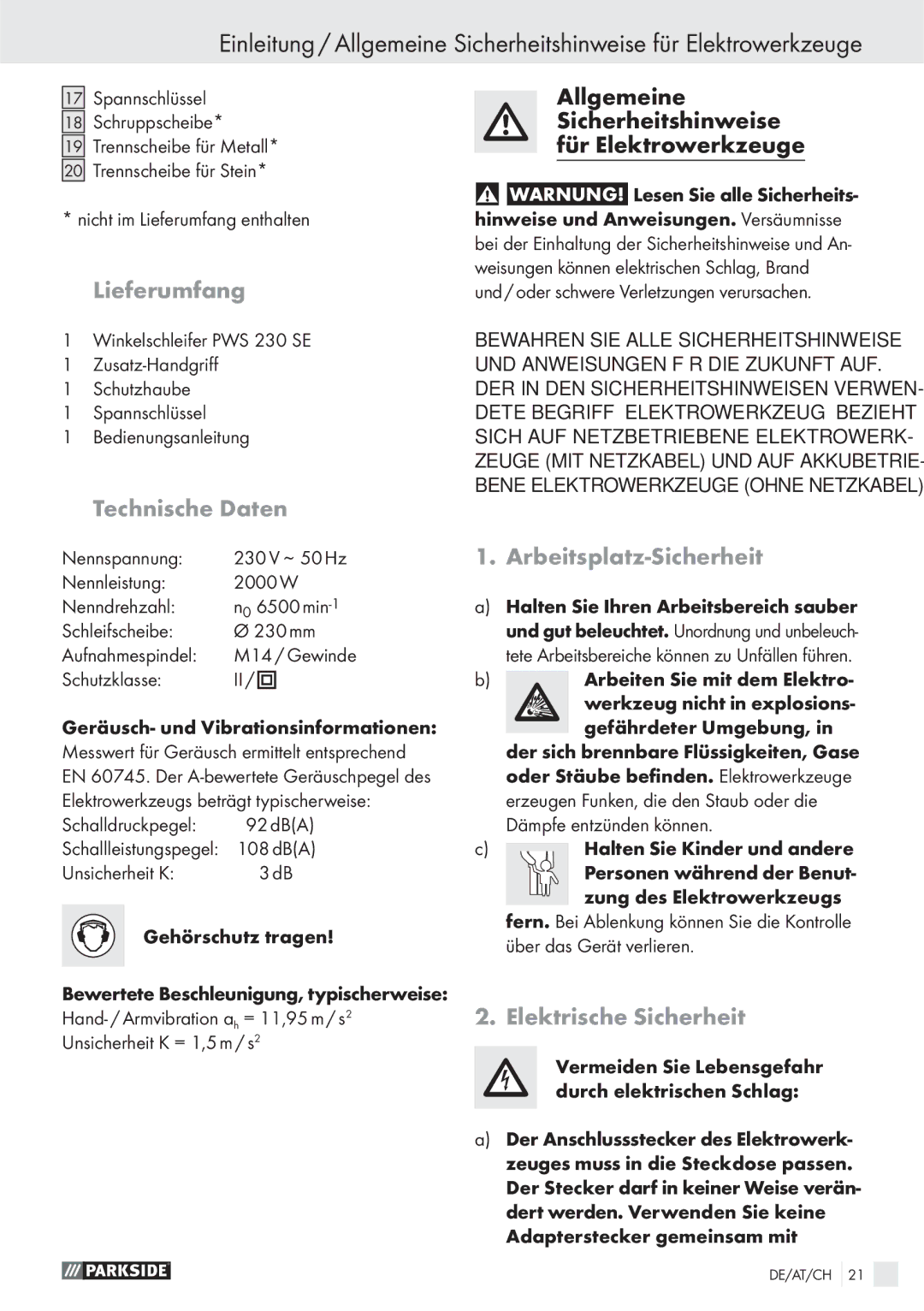 Parkside PWS 230 SE manual Lieferumfang, Technische Daten, Arbeitsplatz-Sicherheit, Elektrische Sicherheit 