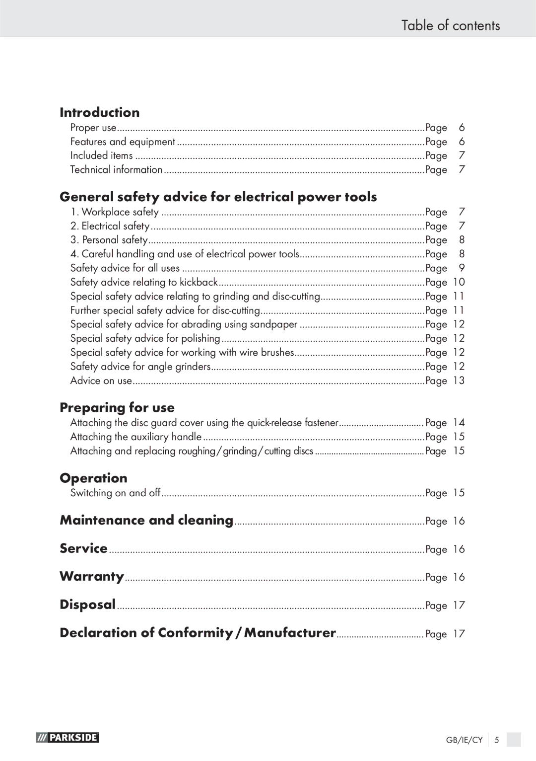 Parkside PWS 230 SE manual Table of contents 